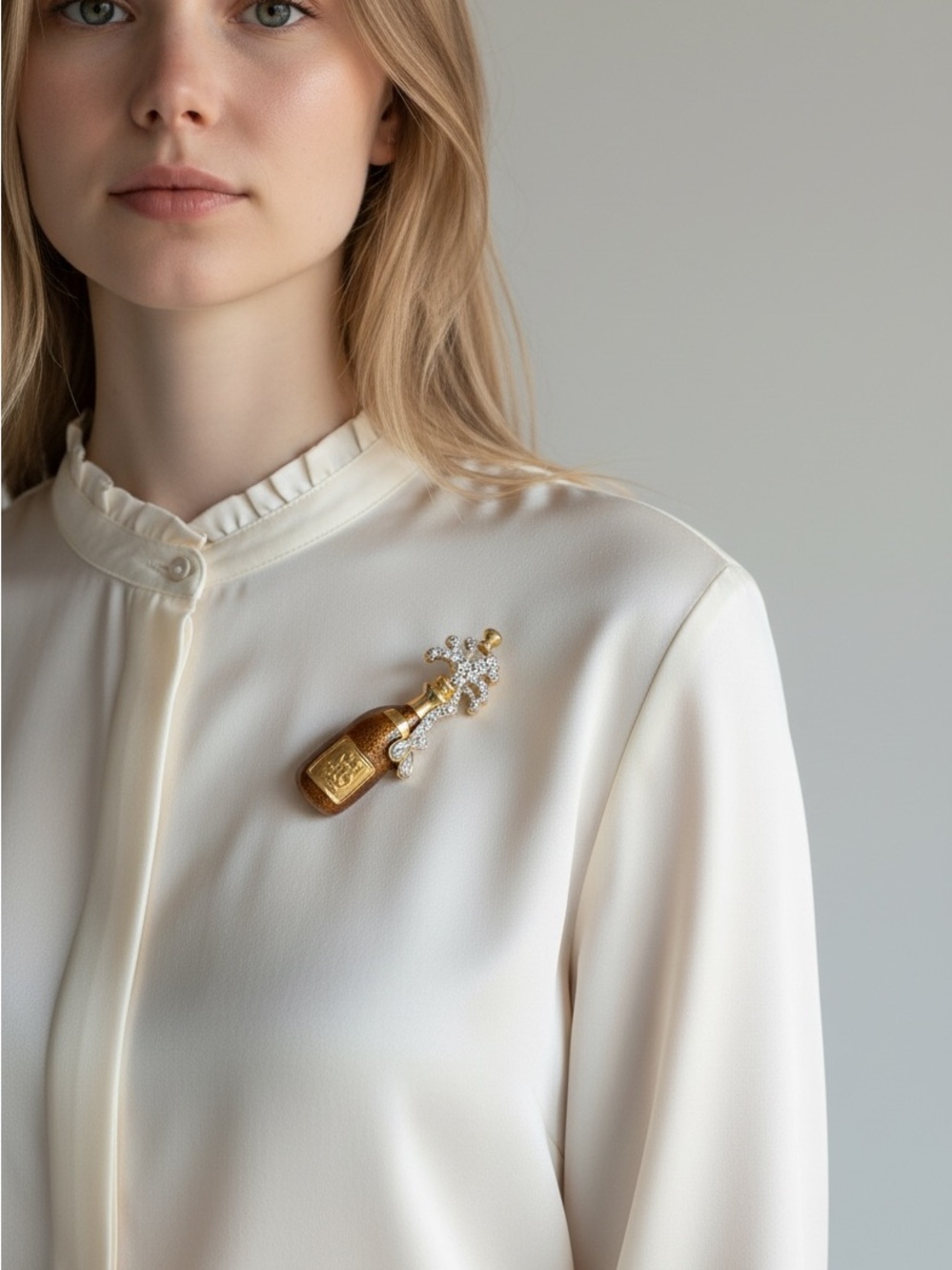 10/7 Gold Bottle & Crystal Spray Brooch - Elegant Women's Jewelry